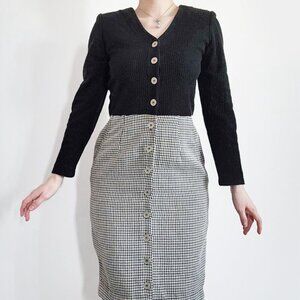 Vintage 90s officecore elegant black & grey houndstooth teacher secretary dress